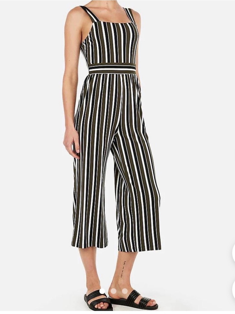 Express Striped Square Neck Culotte Jumpsuit Green, Black, & White Stripes Large